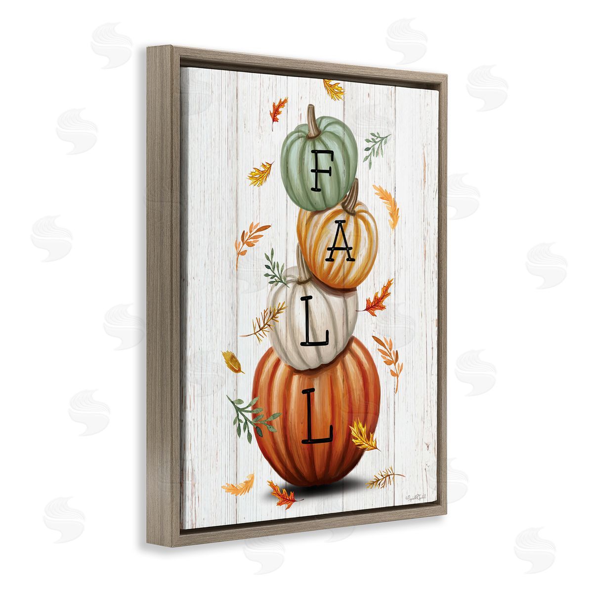 Falling Leaves & Pumpkin Stack Brown Floating Frame Canvas Wall Art, Home Decor by Elizabeth Tyndall