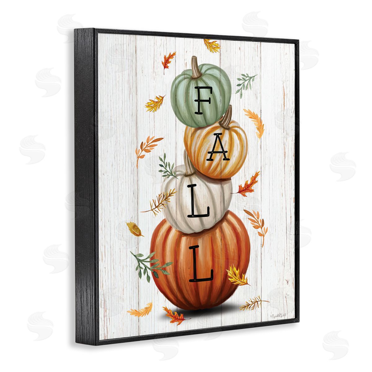 Falling Leaves & Pumpkin Stack Black Frame Print Wall Art, Home Decor by Elizabeth Tyndall