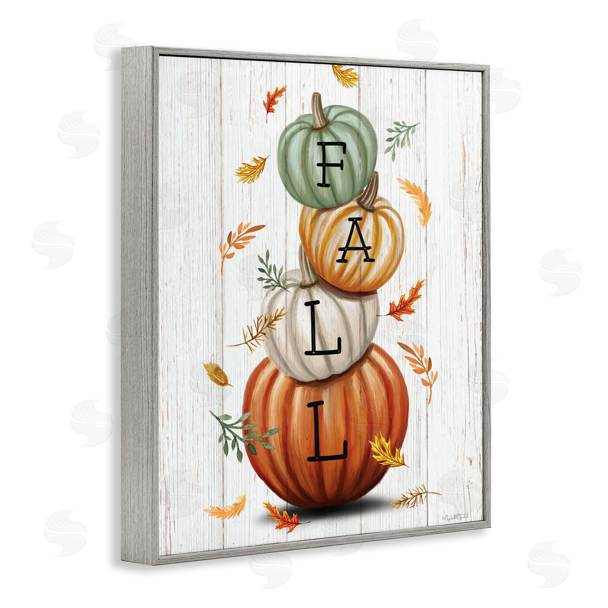 Falling Leaves & Pumpkin Stack Grey Frame Print Wall Art, Home Decor by Elizabeth Tyndall