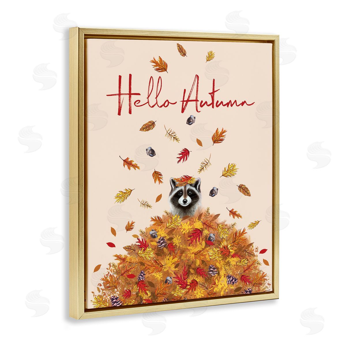 Hello Autumn Raccoon Gold Floating Frame Canvas Wall Art, Home Decor by Elizabeth Tyndall
