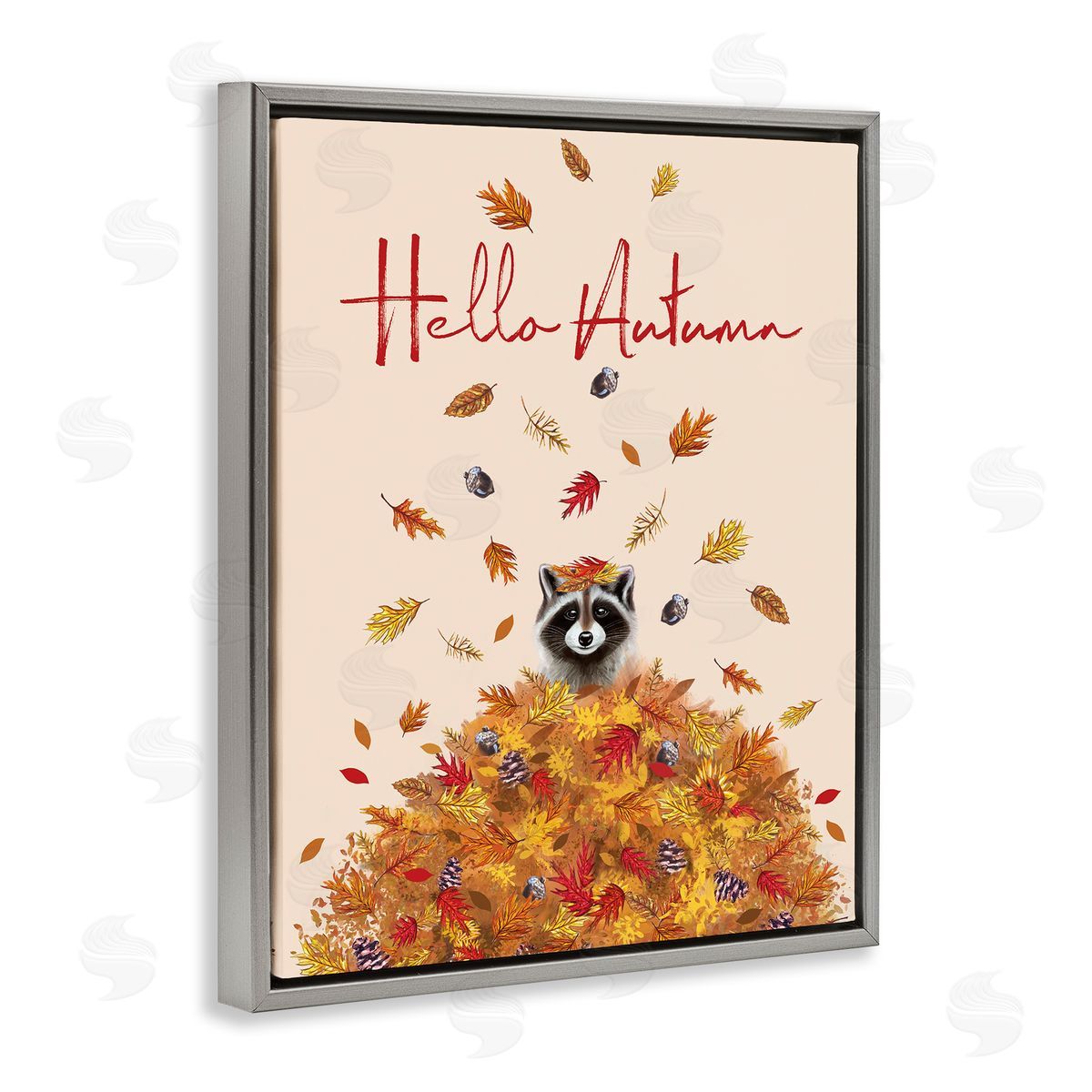 Hello Autumn Raccoon Grey Floating Frame Canvas Wall Art, Home Decor by Elizabeth Tyndall