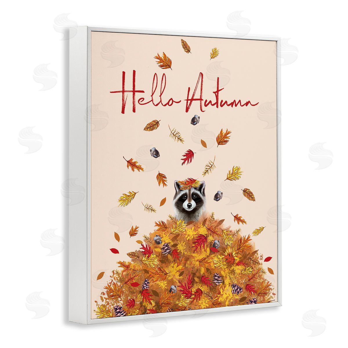 Hello Autumn Raccoon White Frame Print Wall Art, Home Decor by Elizabeth Tyndall