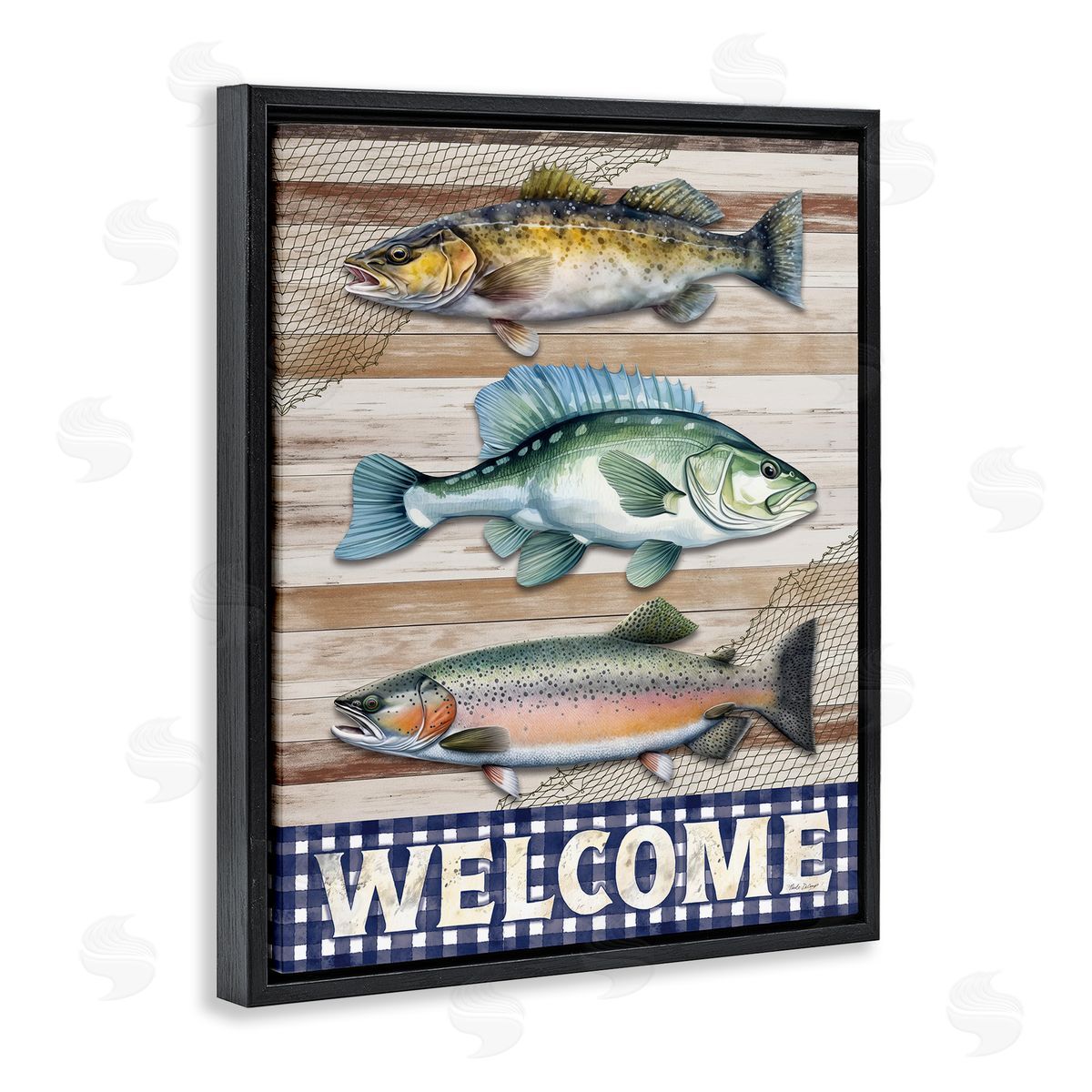 Welcome with Rustic Fish Black Floating Frame Canvas Wall Art, Home Decor by Nicole DeCamp