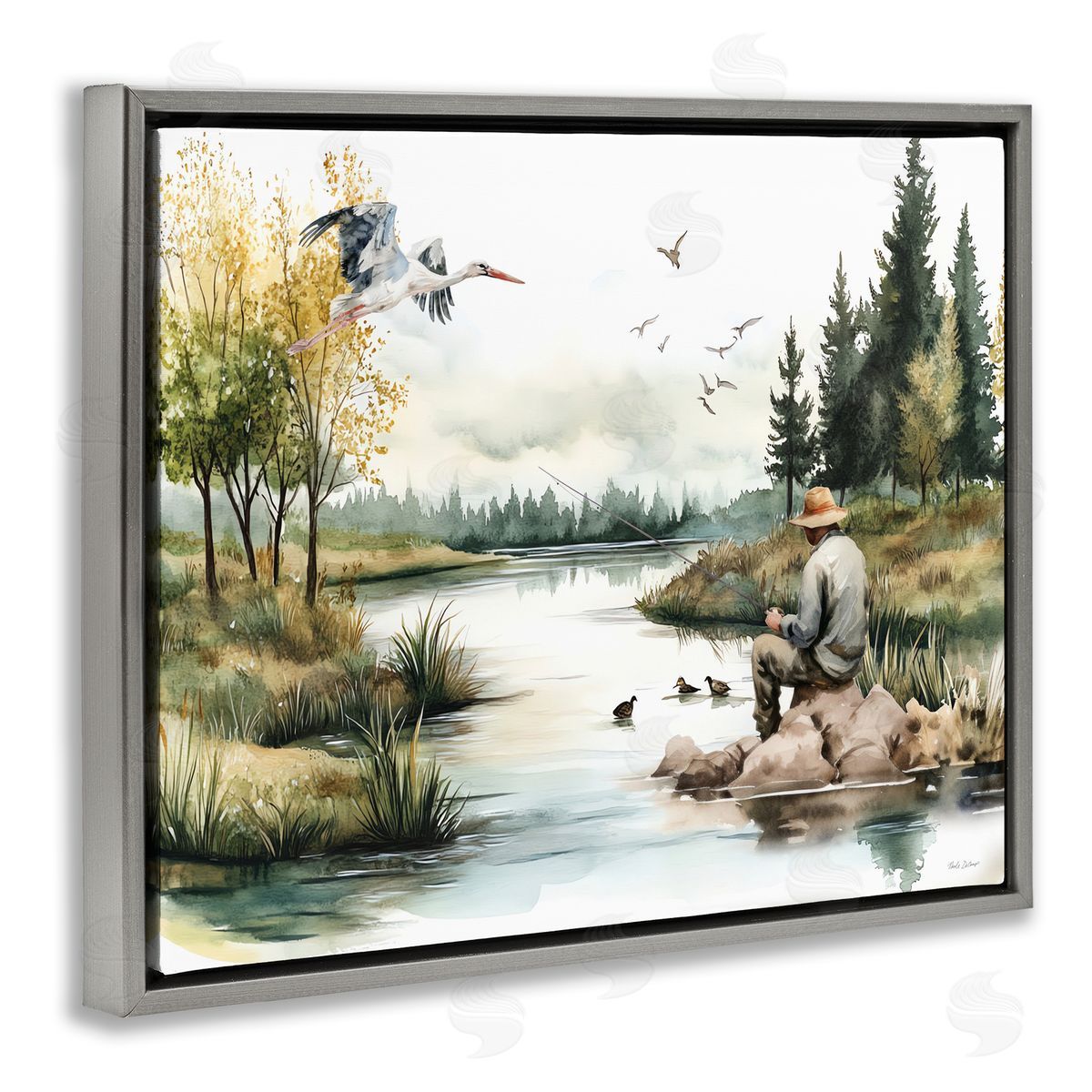 Fishing by River Landscape Grey Floating Frame Canvas Wall Art, Home Decor by Nicole DeCamp