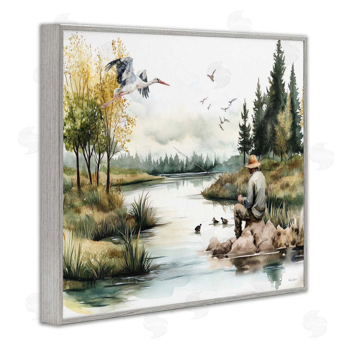 Fishing by River Landscape Grey Frame Print Wall Art, Home Decor by Nicole DeCamp