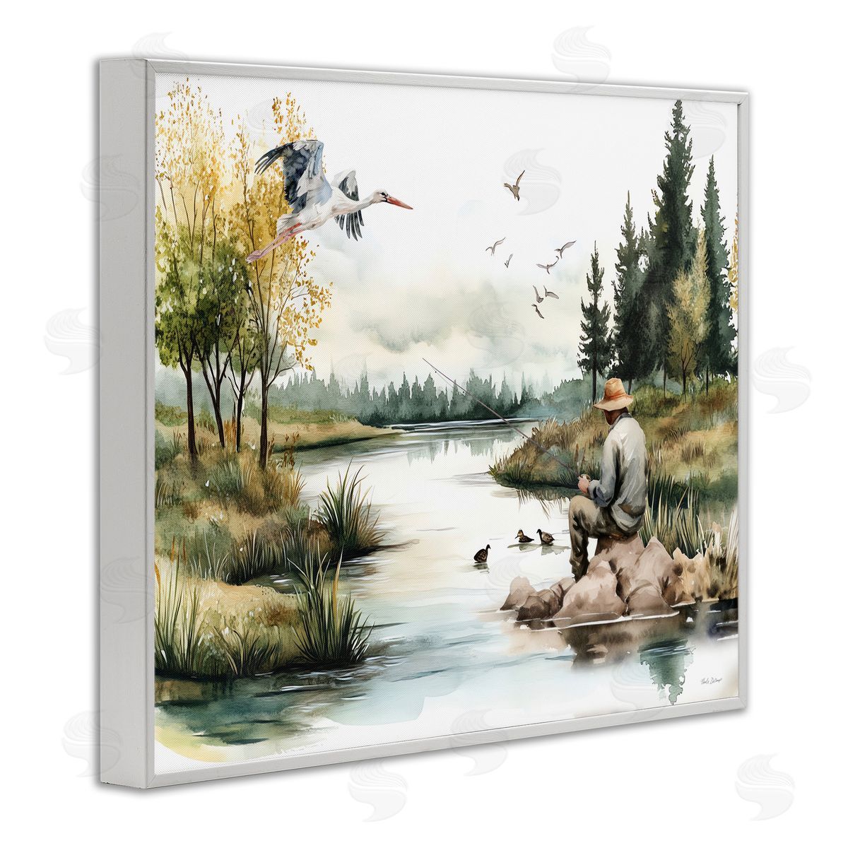 Fishing by River Landscape White Frame Print Wall Art, Home Decor by Nicole DeCamp