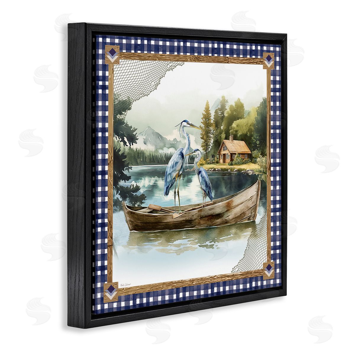 Herons on Boat with Tartan Black Floating Frame Canvas Wall Art, Home Decor by Nicole DeCamp