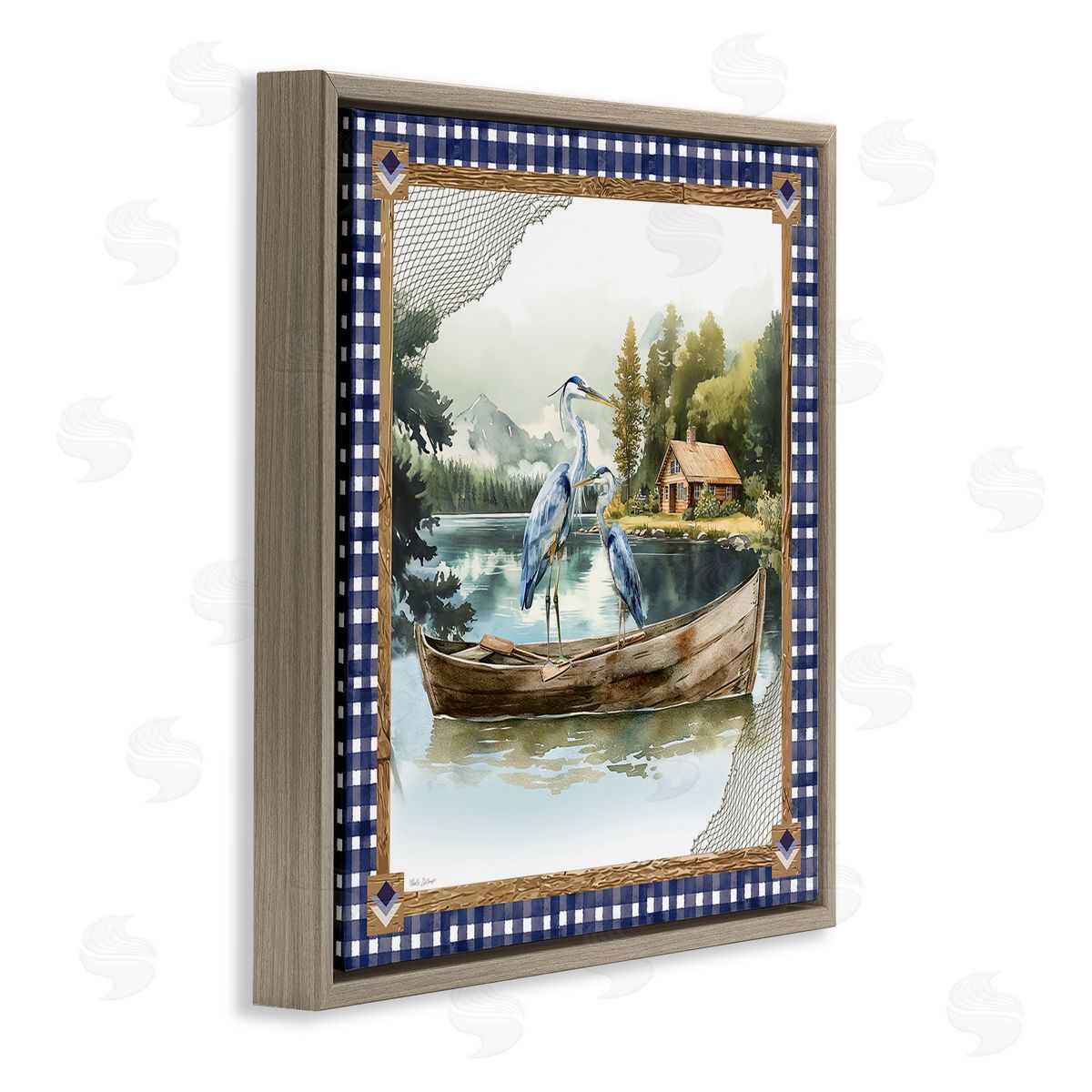 Herons on Boat with Tartan Brown Floating Frame Canvas Wall Art, Home Decor by Nicole DeCamp