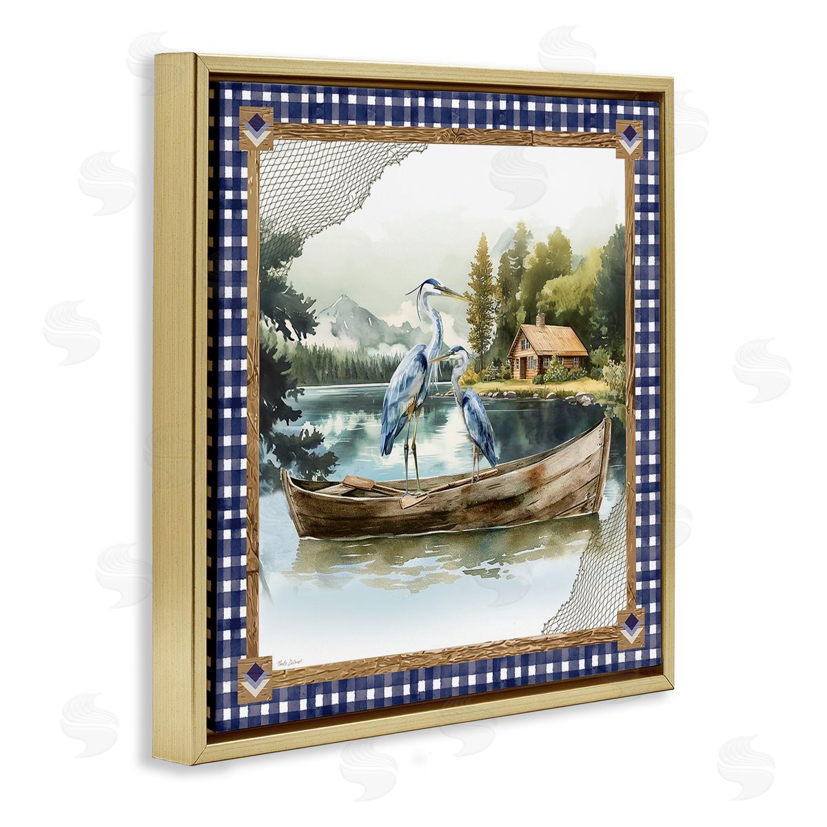 Herons on Boat with Tartan Gold Floating Frame Canvas Wall Art, Home Decor by Nicole DeCamp
