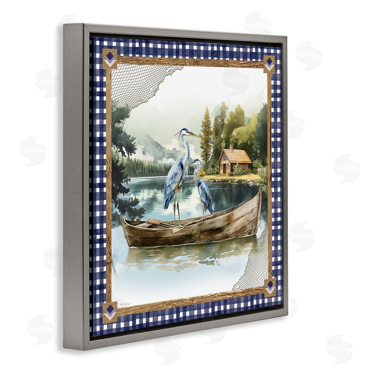 Herons on Boat with Tartan Grey Floating Frame Canvas Wall Art, Home Decor by Nicole DeCamp