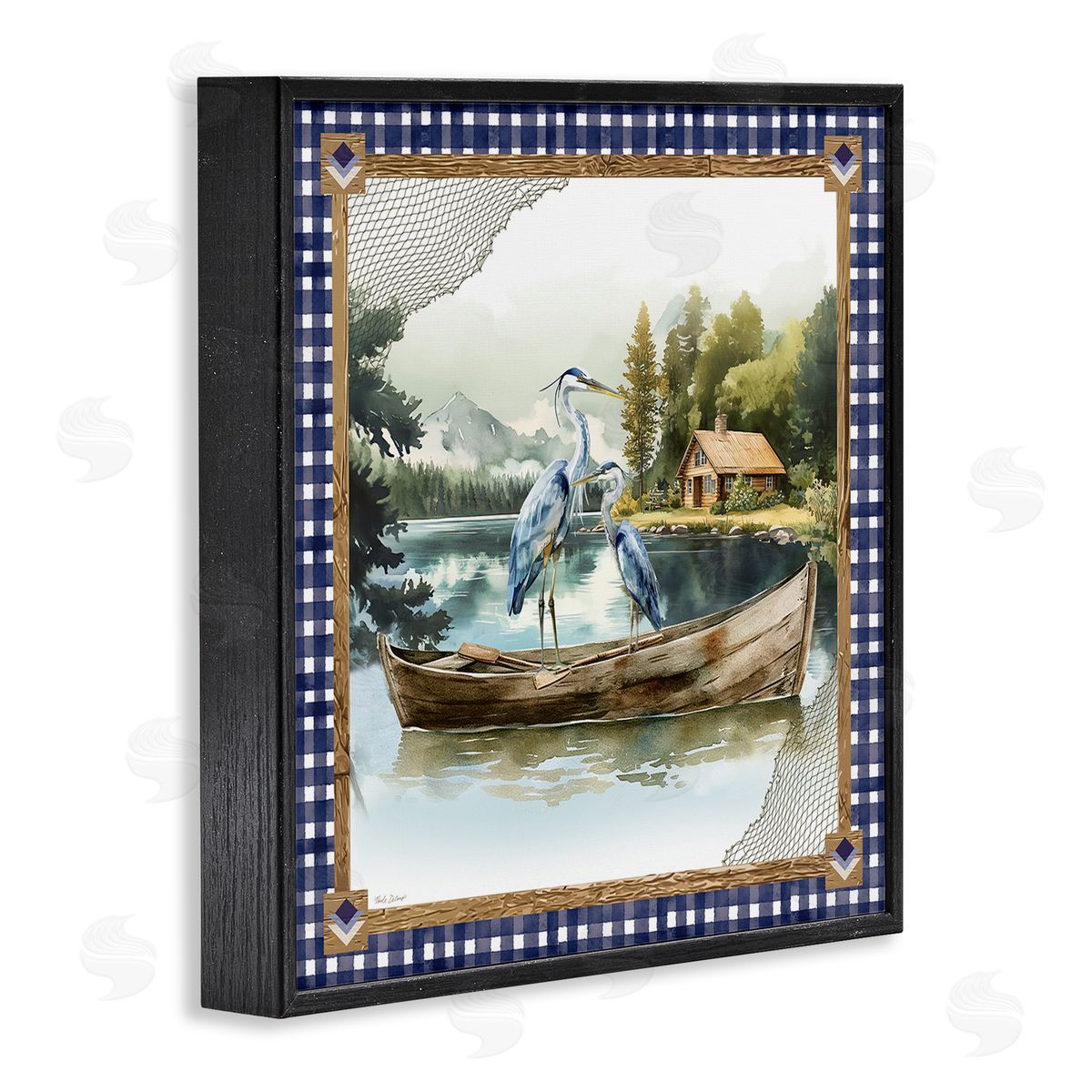 Herons on Boat with Tartan Black Frame Print Wall Art, Home Decor by Nicole DeCamp
