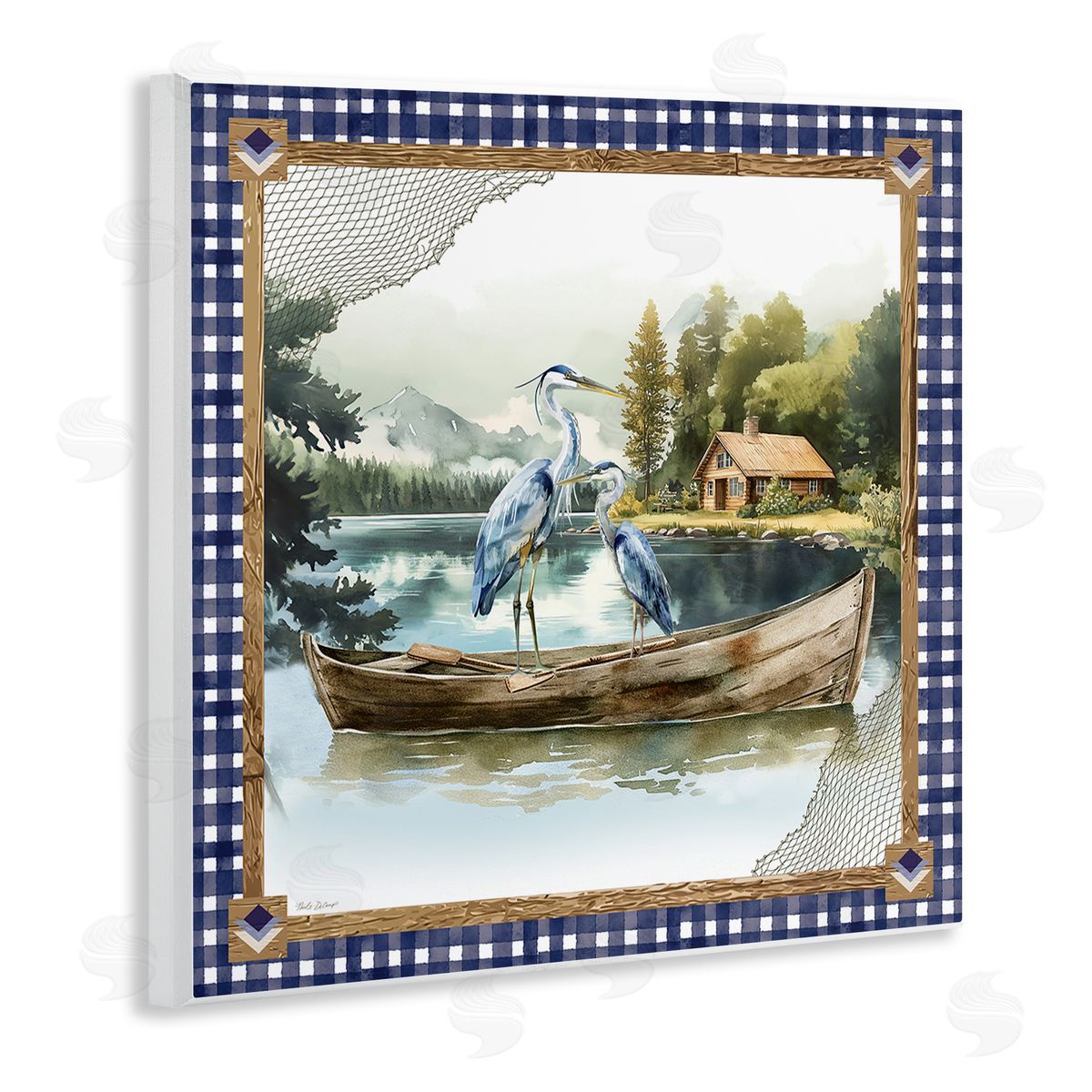 Herons on Boat with Tartan Wood Plaque Wall Art, Home Decor by Nicole DeCamp