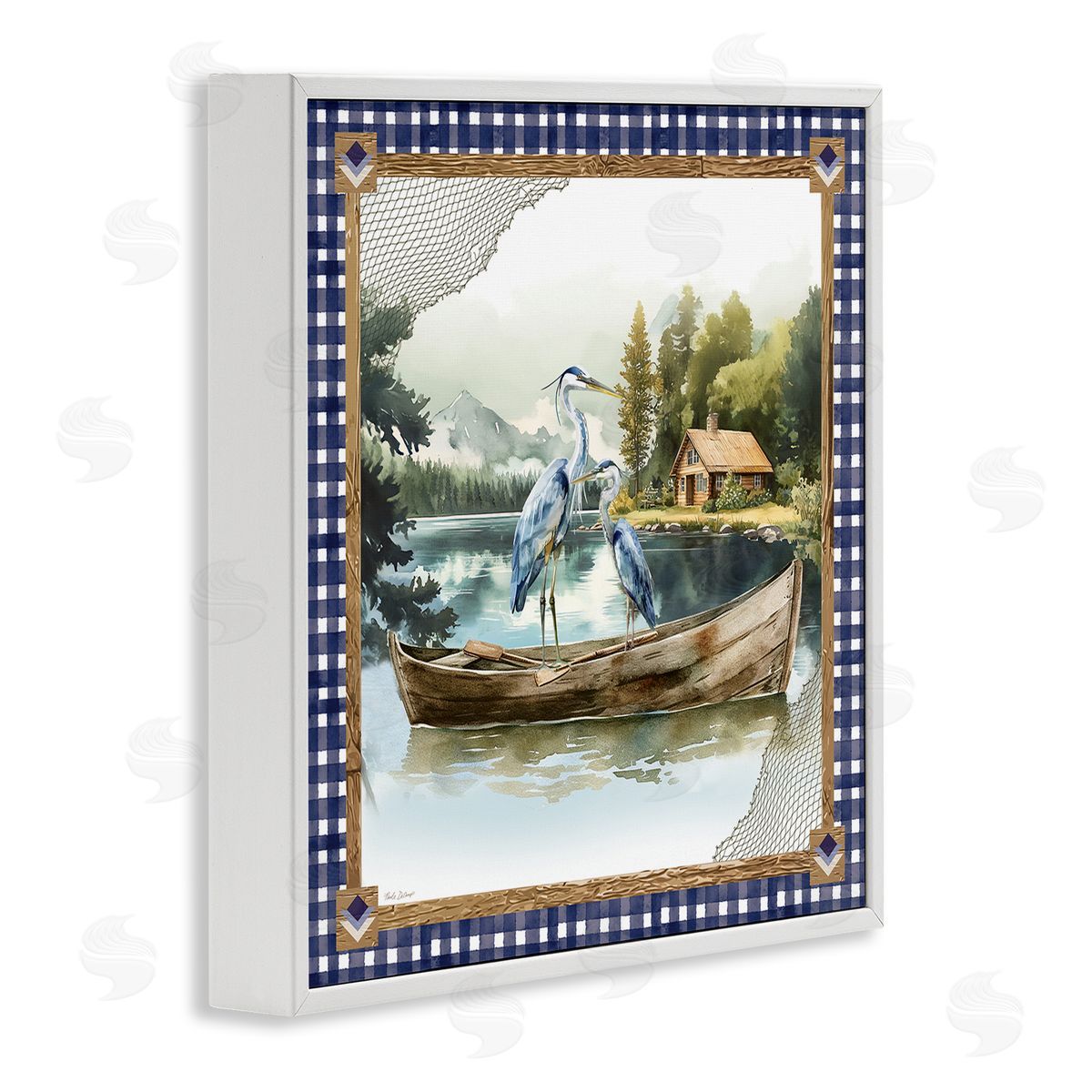Herons on Boat with Tartan White Frame Print Wall Art, Home Decor by Nicole DeCamp