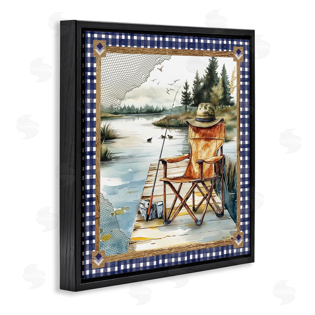 Fishing Chair on Dock Black Floating Frame Canvas Wall Art, Home Decor by Nicole DeCamp