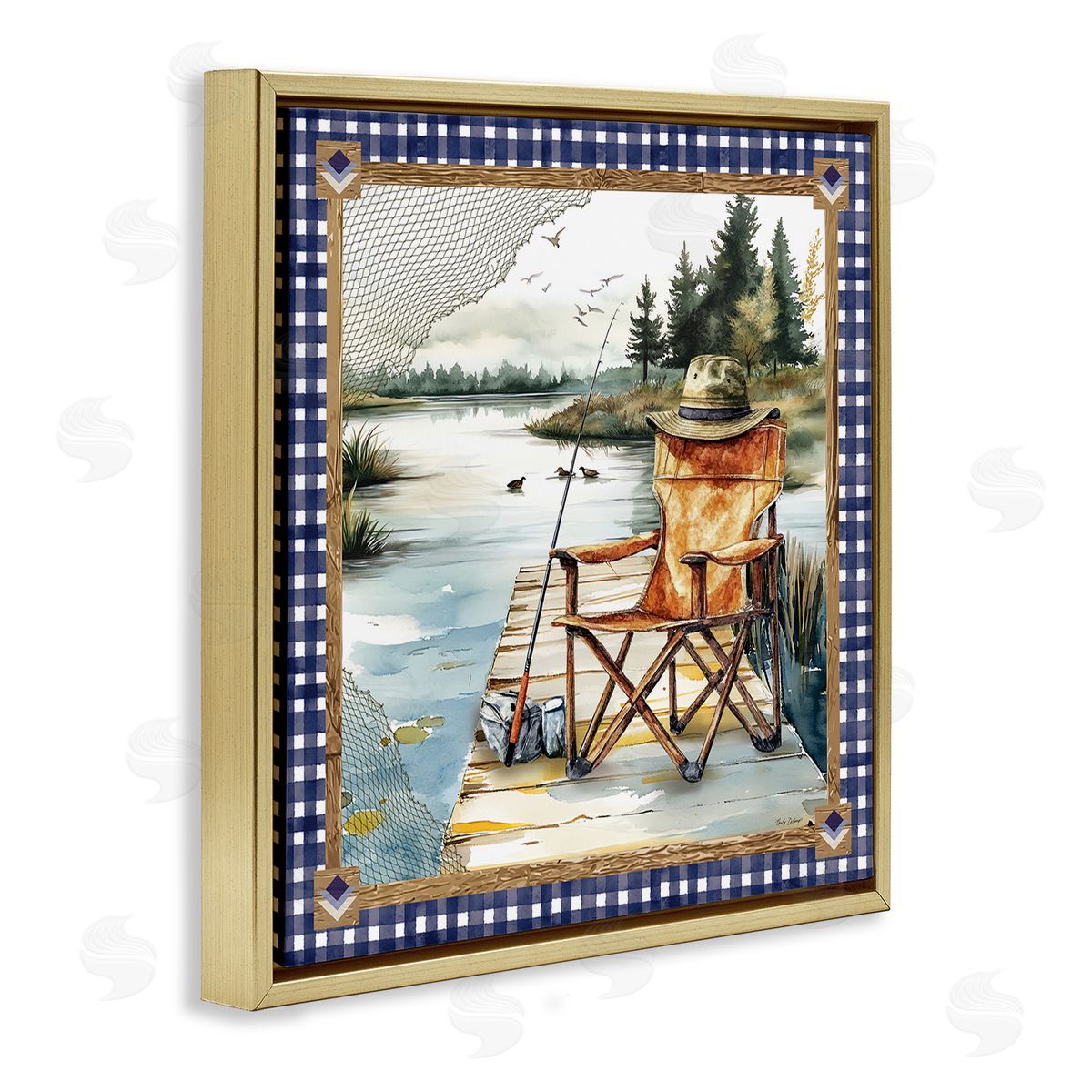 Fishing Chair on Dock Gold Floating Frame Canvas Wall Art, Home Decor by Nicole DeCamp