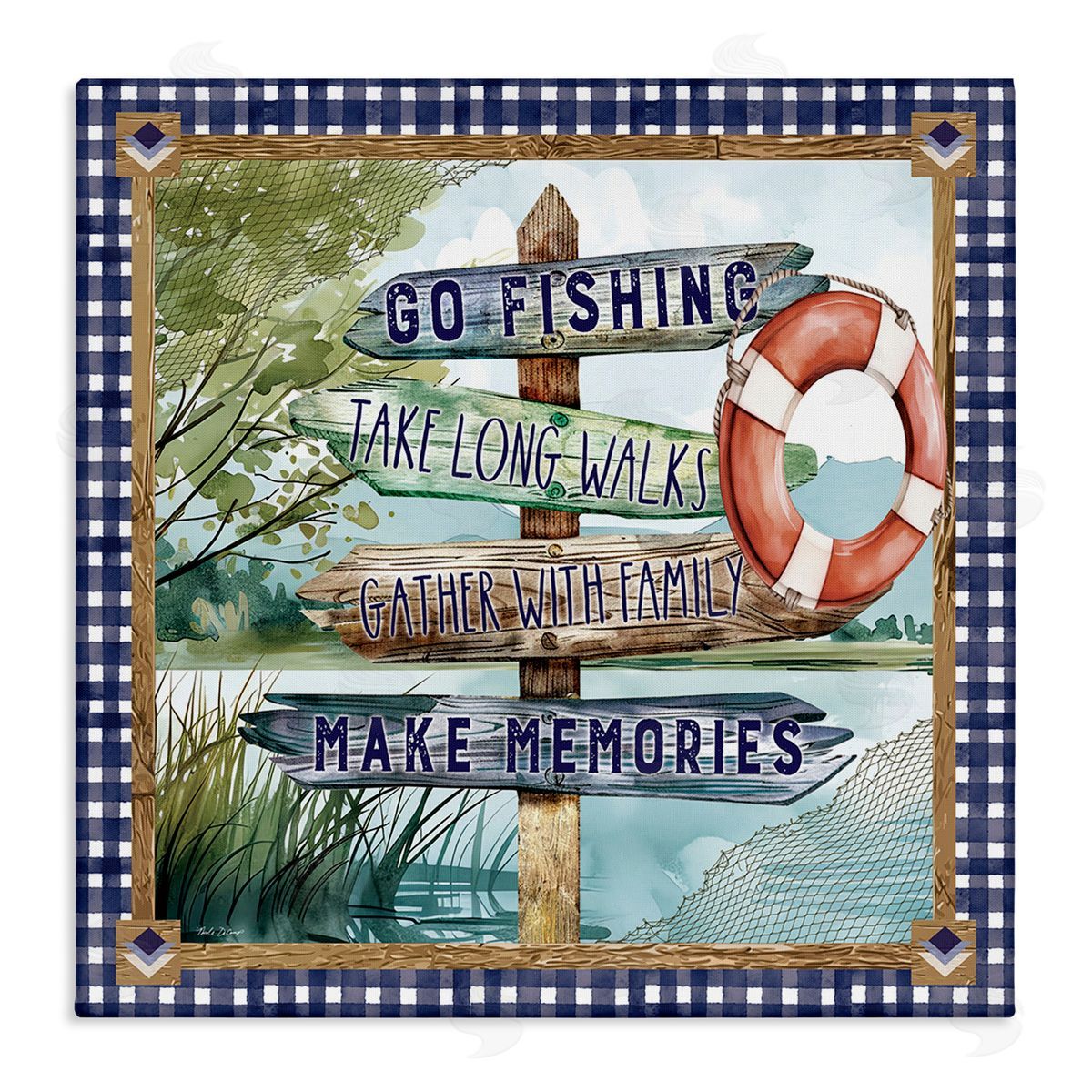 Plaid Border Lake Sign Canvas Wall Art, Home Decor by Nicole DeCamp