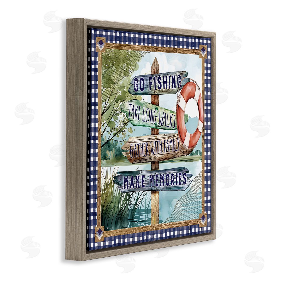 Plaid Border Lake Sign Brown Floating Frame Canvas Wall Art, Home Decor by Nicole DeCamp
