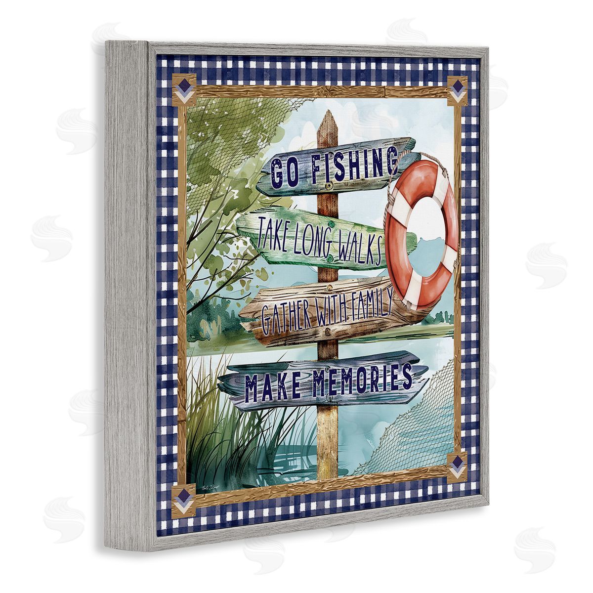 Plaid Border Lake Sign Grey Frame Print Wall Art, Home Decor by Nicole DeCamp