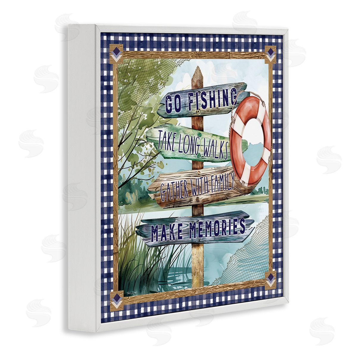 Plaid Border Lake Sign White Frame Print Wall Art, Home Decor by Nicole DeCamp