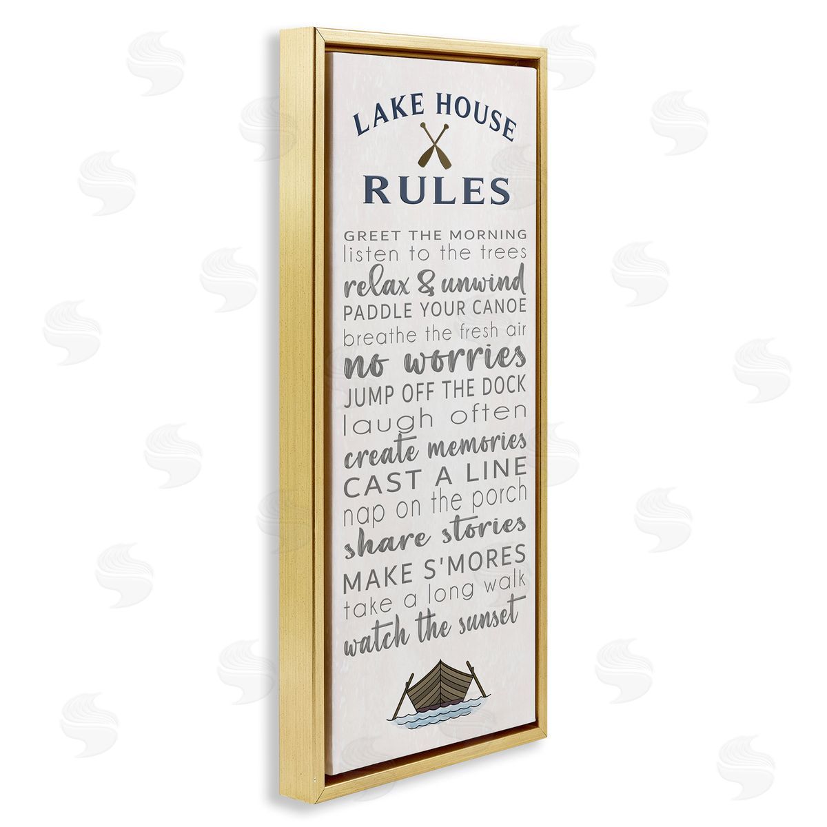 Fun Lake House Rules Gold Floating Frame Canvas Wall Art, Home Decor by Seven Trees Design