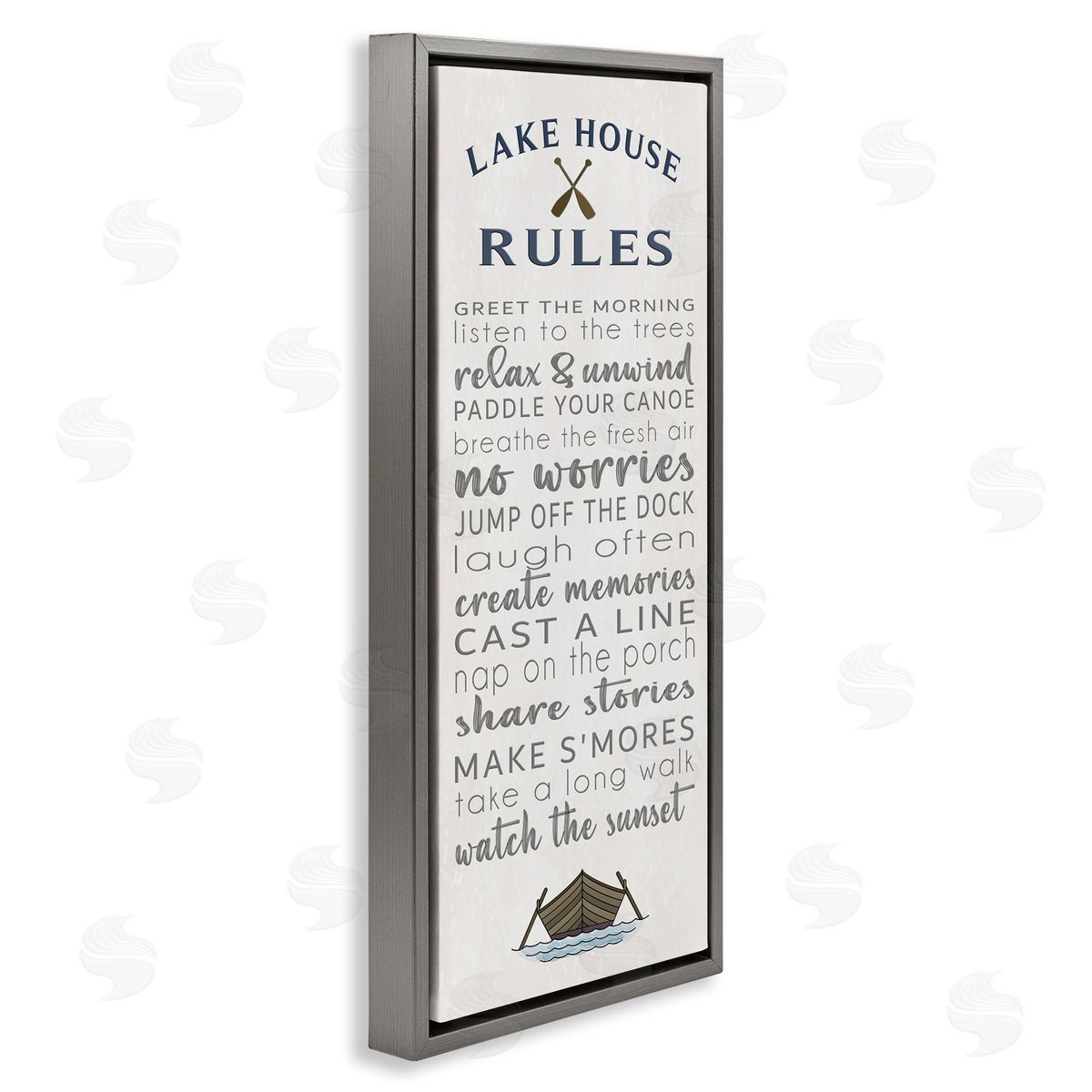 Fun Lake House Rules Grey Floating Frame Canvas Wall Art, Home Decor by Seven Trees Design
