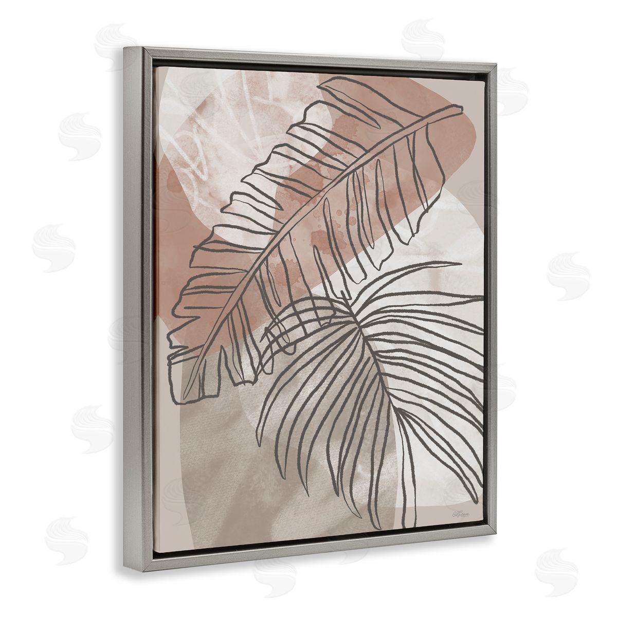 Tropical Earth Tone Leaves Grey Floating Frame Canvas Wall Art, Home Decor by Cat Thurman Designs