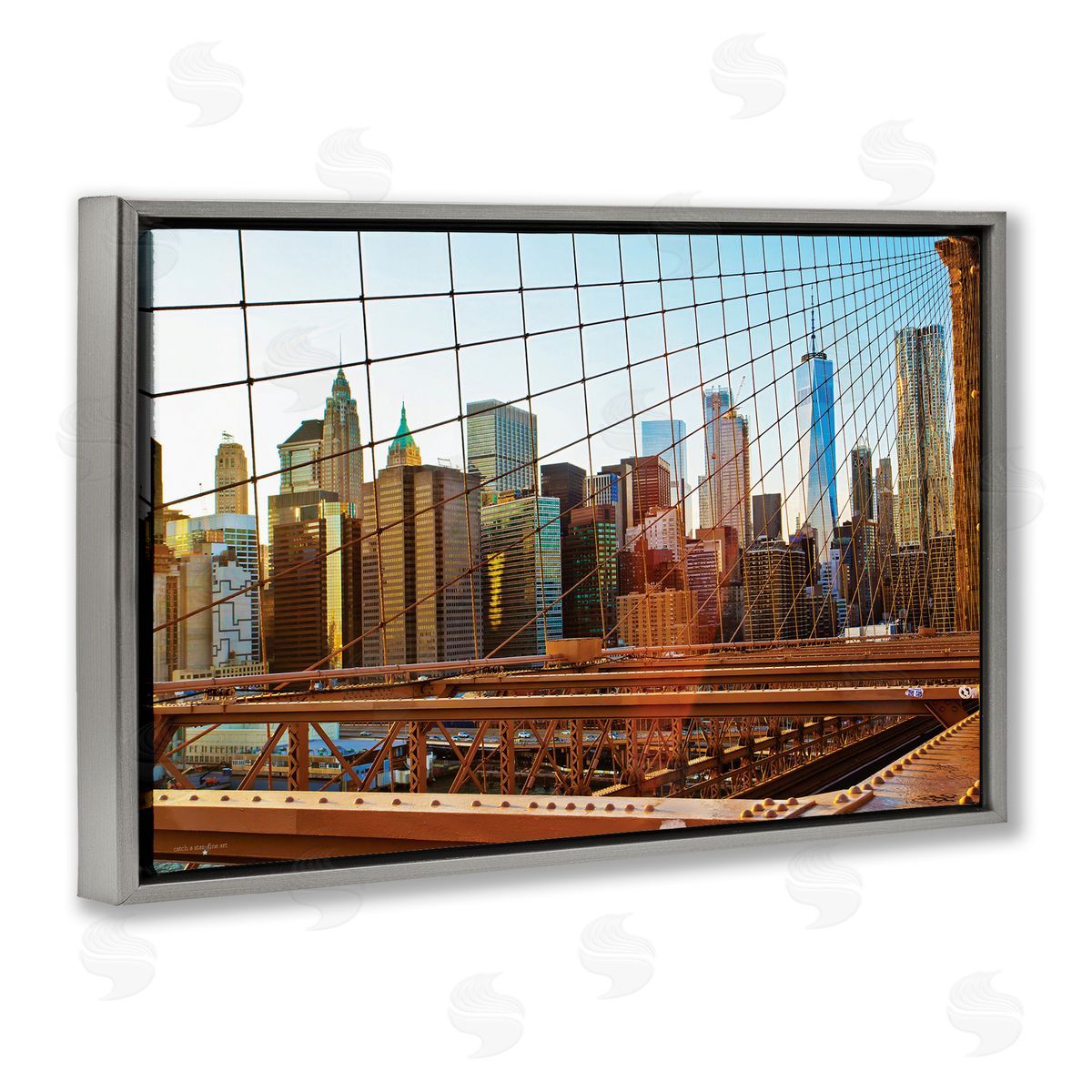Cityscape Through Bridge Grey Floating Frame Canvas Wall Art, Home Decor by Seven Trees Design