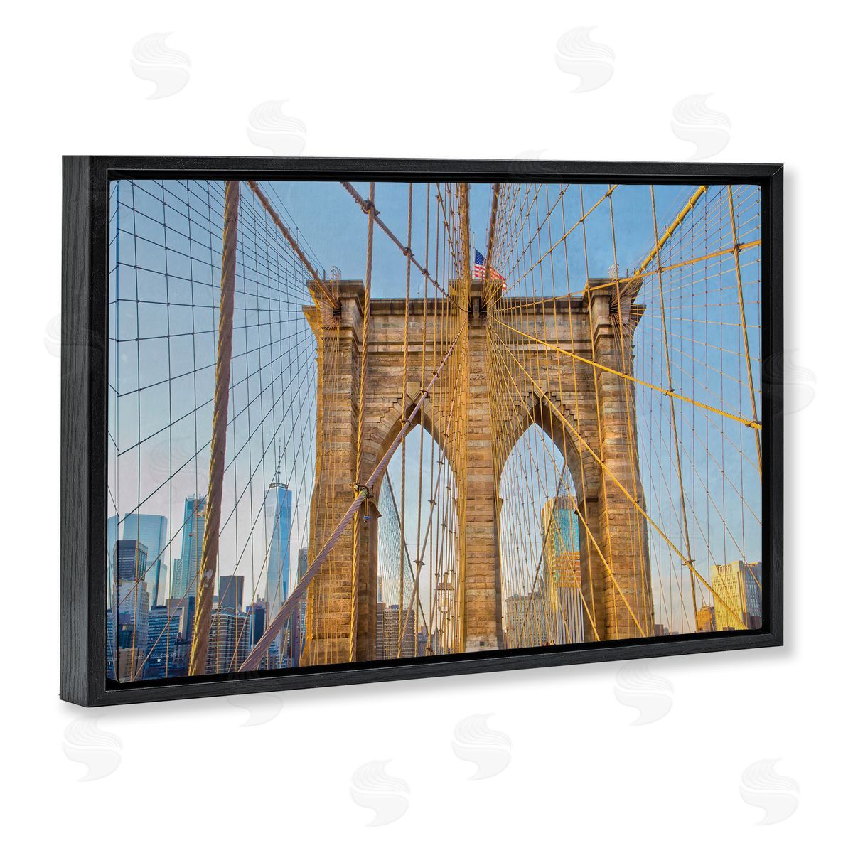Industrial Bridge with American Flag Black Floating Frame Canvas Wall Art, Home Decor by Seven Trees Design