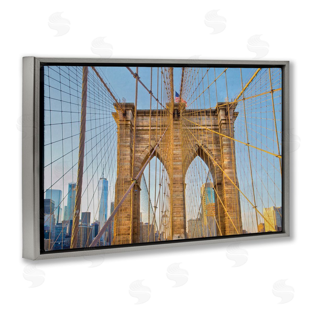 Industrial Bridge with American Flag Grey Floating Frame Canvas Wall Art, Home Decor by Seven Trees Design