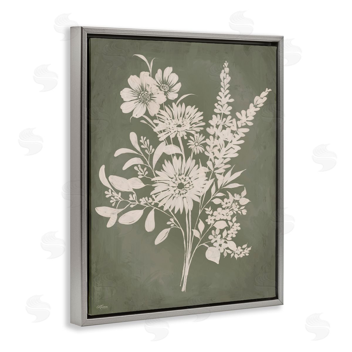 Bunches of Wildflower Herbs Grey Floating Frame Canvas Wall Art, Home Decor by Cat Thurman Designs