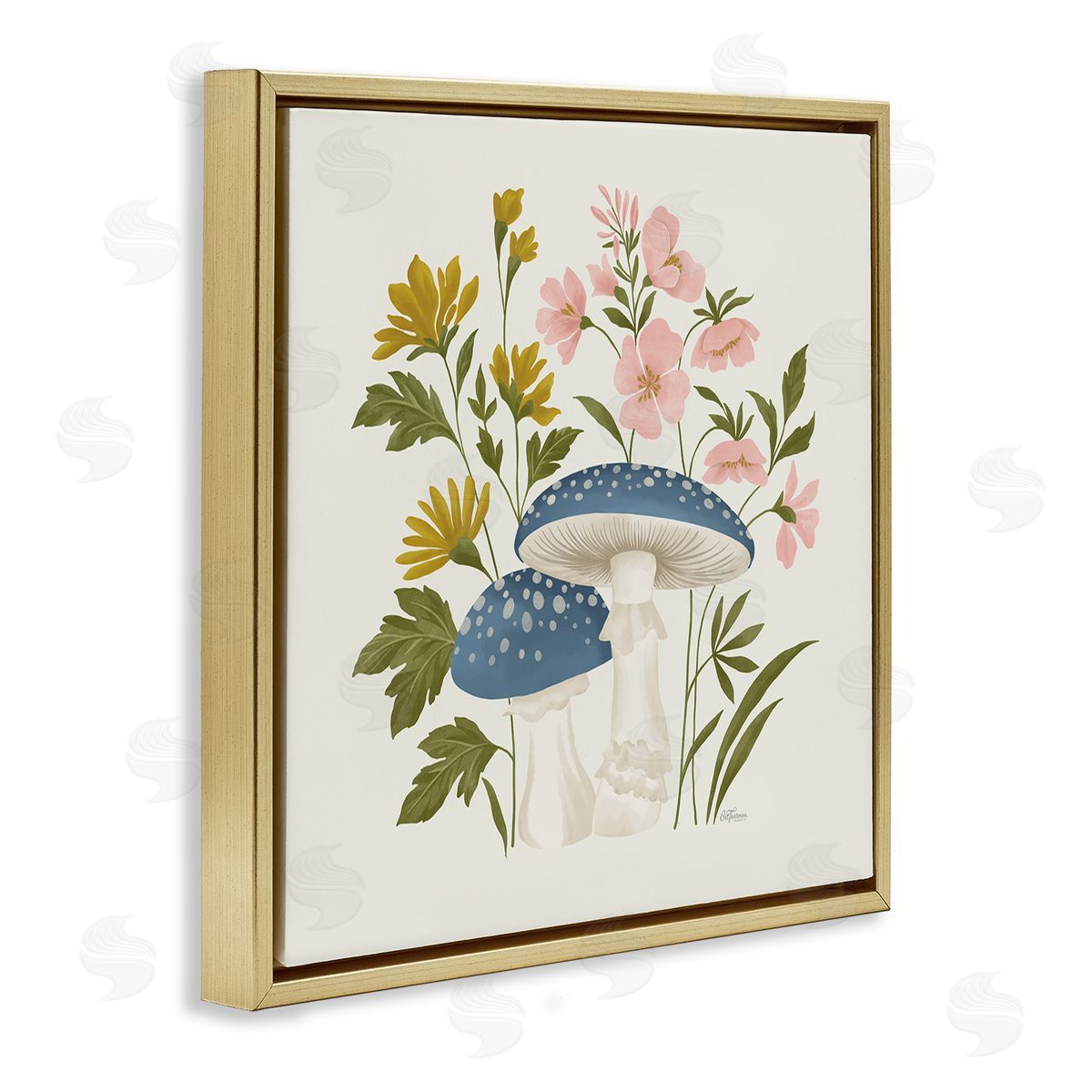 Blue Mushrooms & Wildflowers Gold Floating Frame Canvas Wall Art, Home Decor by Cat Thurman Designs