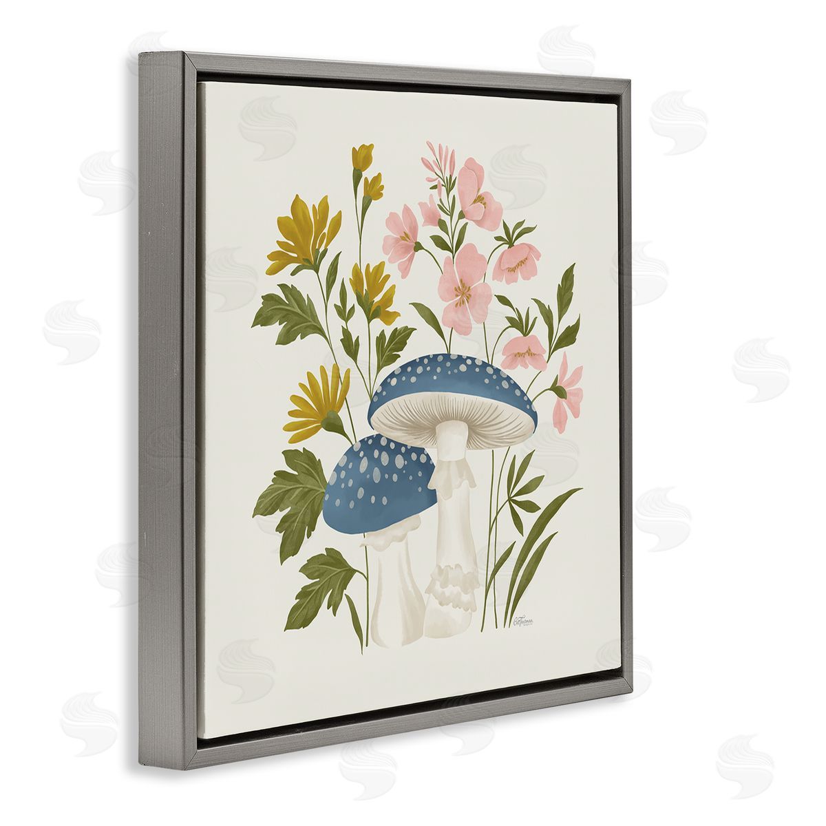 Blue Mushrooms & Wildflowers Grey Floating Frame Canvas Wall Art, Home Decor by Cat Thurman Designs