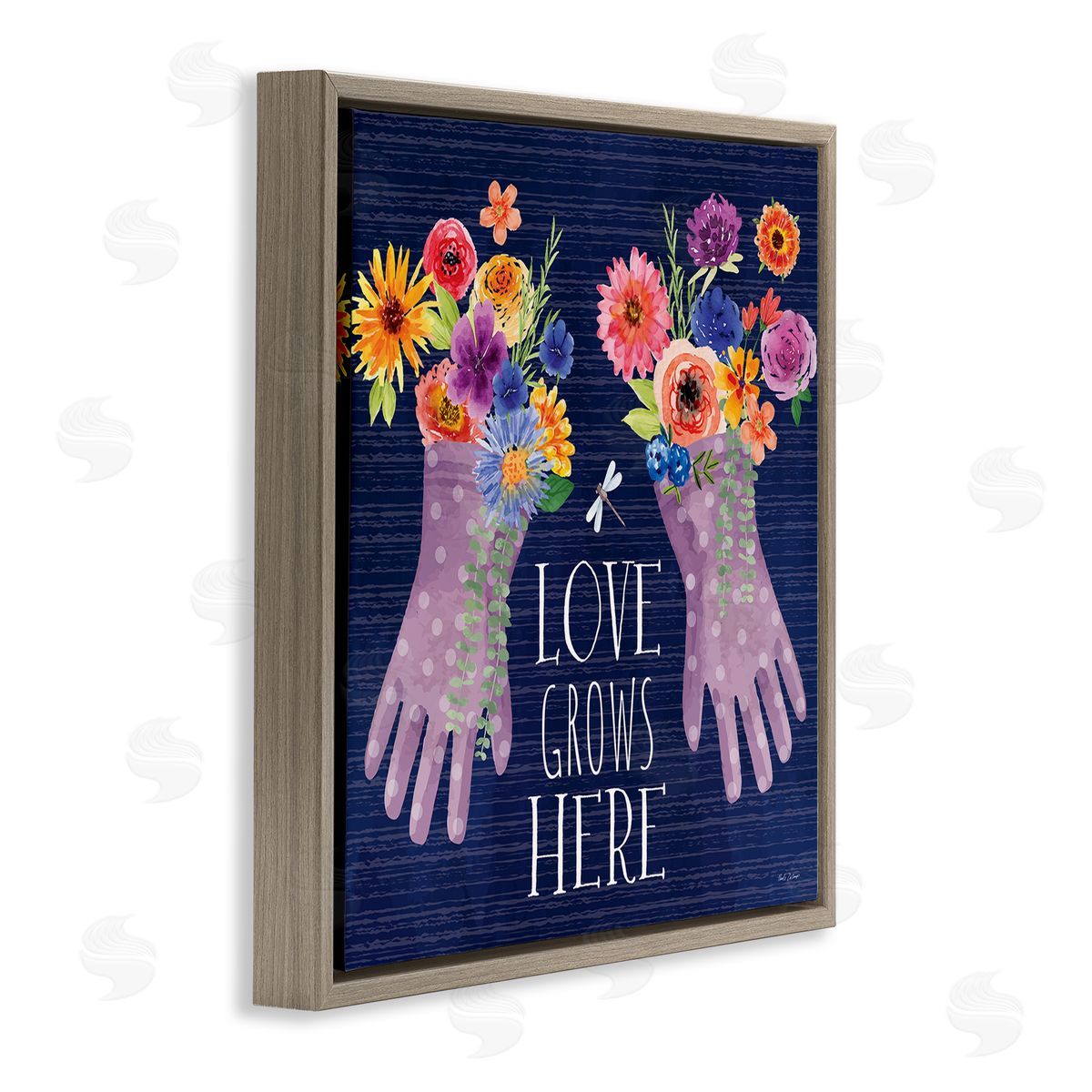 Love Grows Here Gardening Gloves Brown Floating Frame Canvas Wall Art, Home Decor by Nicole DeCamp