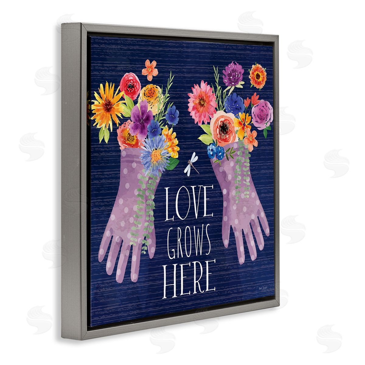 Love Grows Here Gardening Gloves Grey Floating Frame Canvas Wall Art, Home Decor by Nicole DeCamp