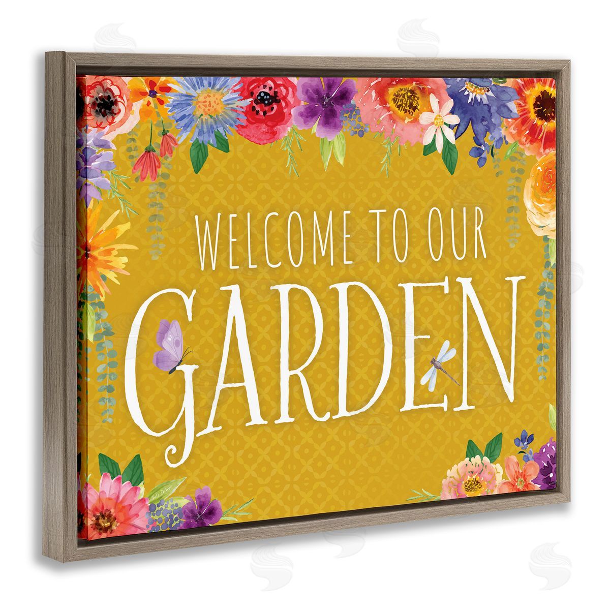 Garden Welcome with Floral Border Brown Floating Frame Canvas Wall Art, Home Decor by Nicole DeCamp