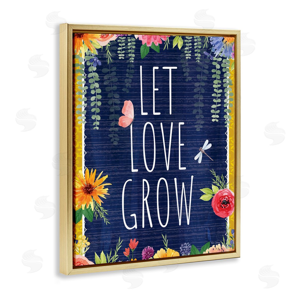 Let Love Grow Floral Border Gold Floating Frame Canvas Wall Art, Home Decor by Nicole DeCamp