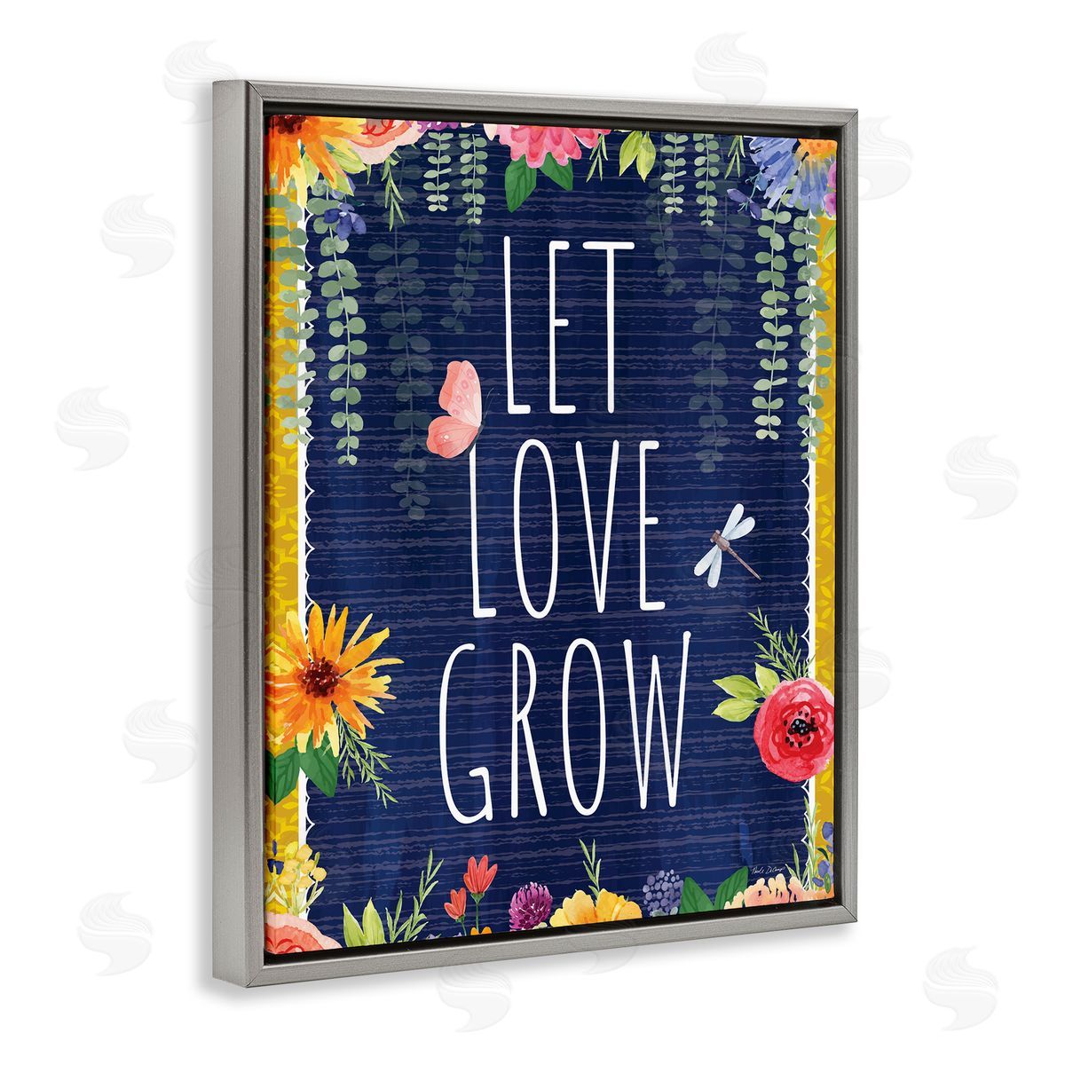 Let Love Grow Floral Border Grey Floating Frame Canvas Wall Art, Home Decor by Nicole DeCamp
