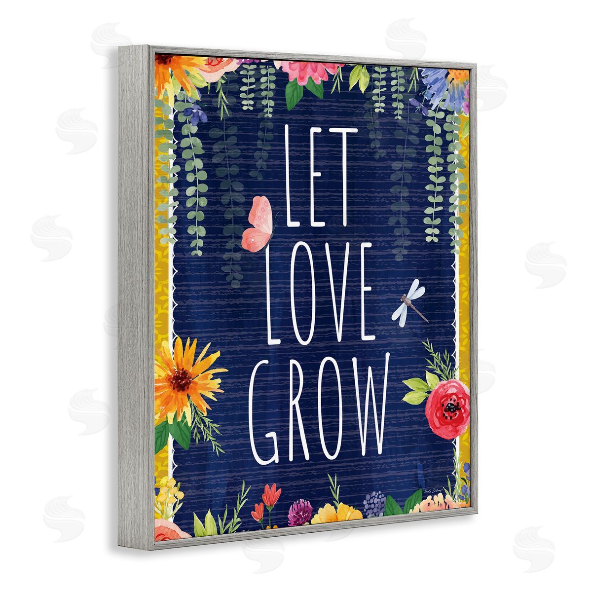 Let Love Grow Floral Border Grey Frame Print Wall Art, Home Decor by Nicole DeCamp