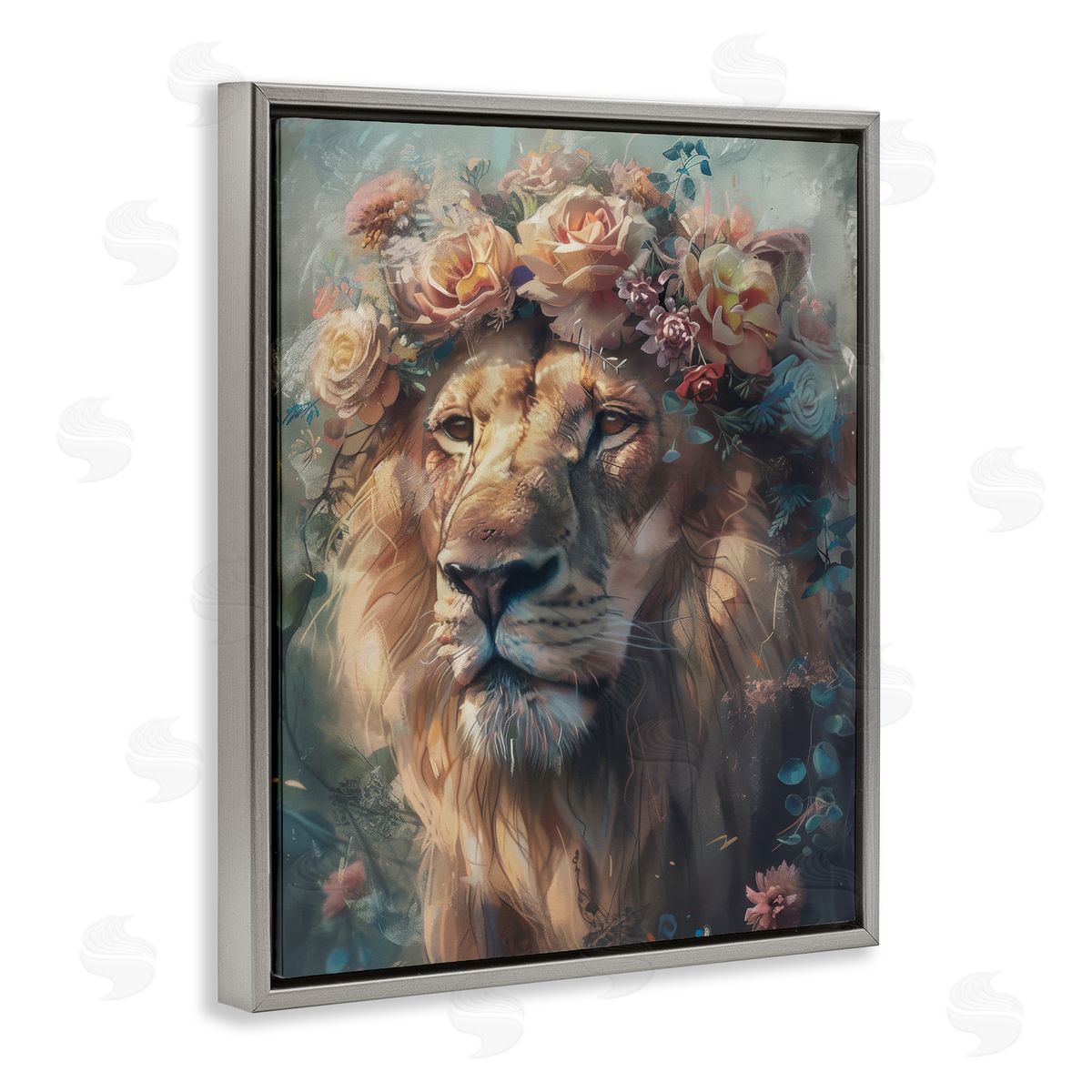 Lion with Rose Garland Grey Floating Frame Canvas Wall Art, Home Decor by Arlington Prints