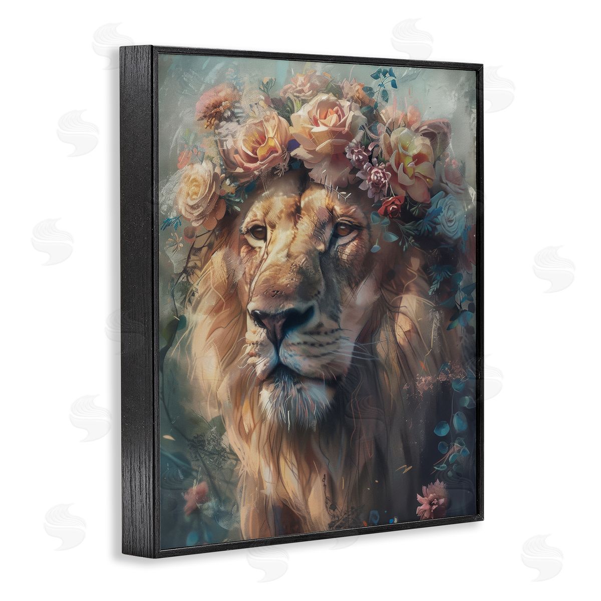 Lion with Rose Garland Black Frame Print Wall Art, Home Decor by Arlington Prints