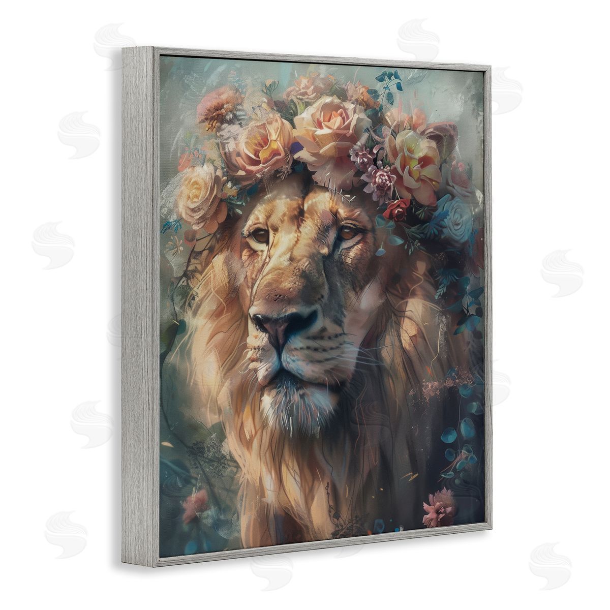 Lion with Rose Garland Grey Frame Print Wall Art, Home Decor by Arlington Prints