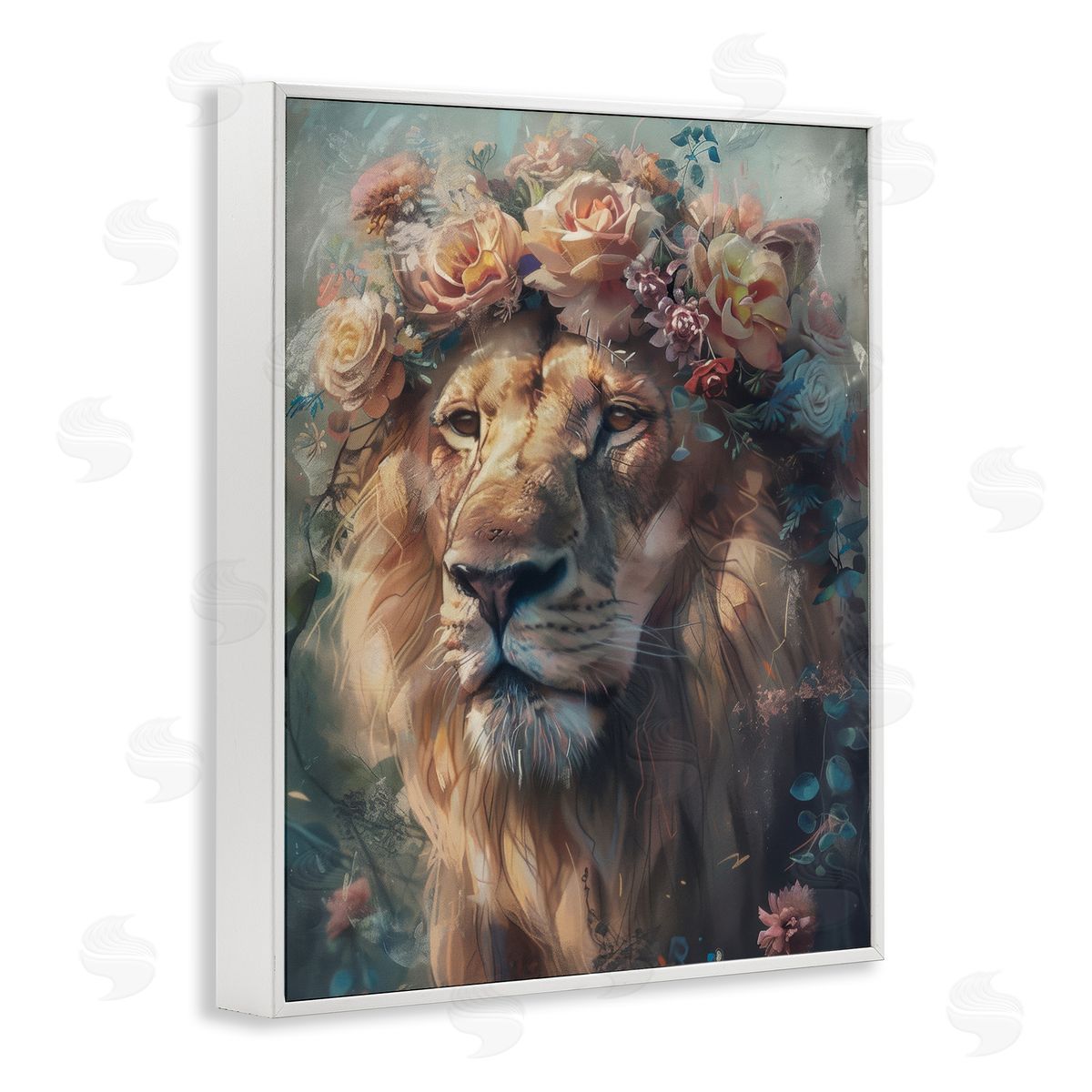 Lion with Rose Garland White Frame Print Wall Art, Home Decor by Arlington Prints