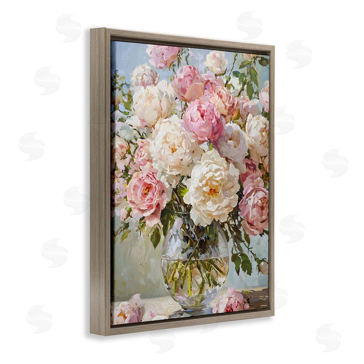White & Pink Roses Brown Floating Frame Canvas Wall Art, Home Decor by Franklyn Gregory
