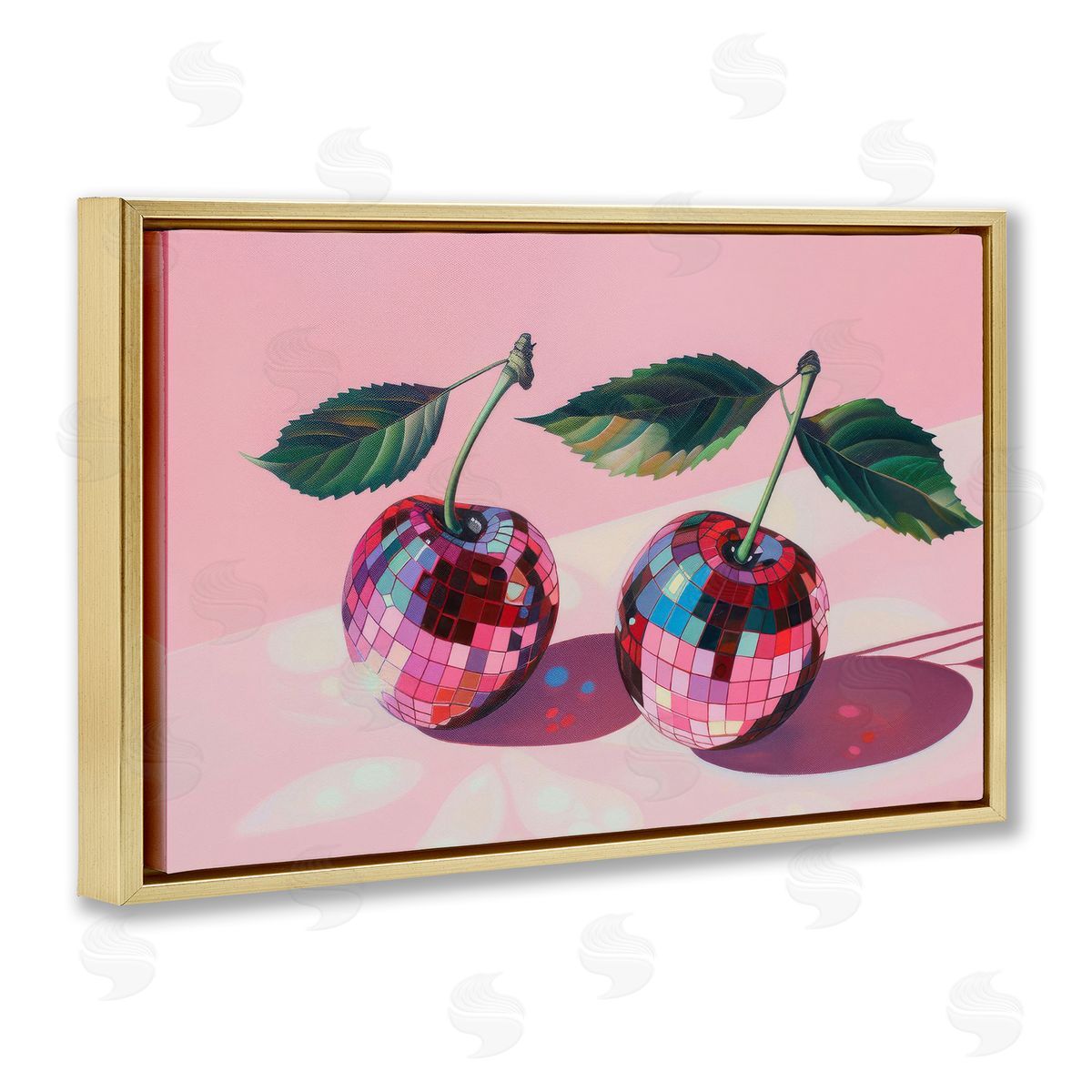 Disco Ball Cherry Pair Gold Floating Frame Canvas Wall Art, Home Decor by LSR Creative Studio