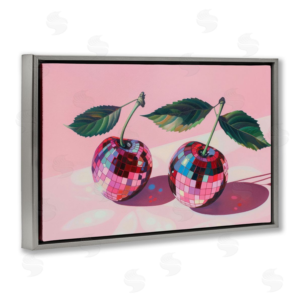 Disco Ball Cherry Pair Grey Floating Frame Canvas Wall Art, Home Decor by LSR Creative Studio