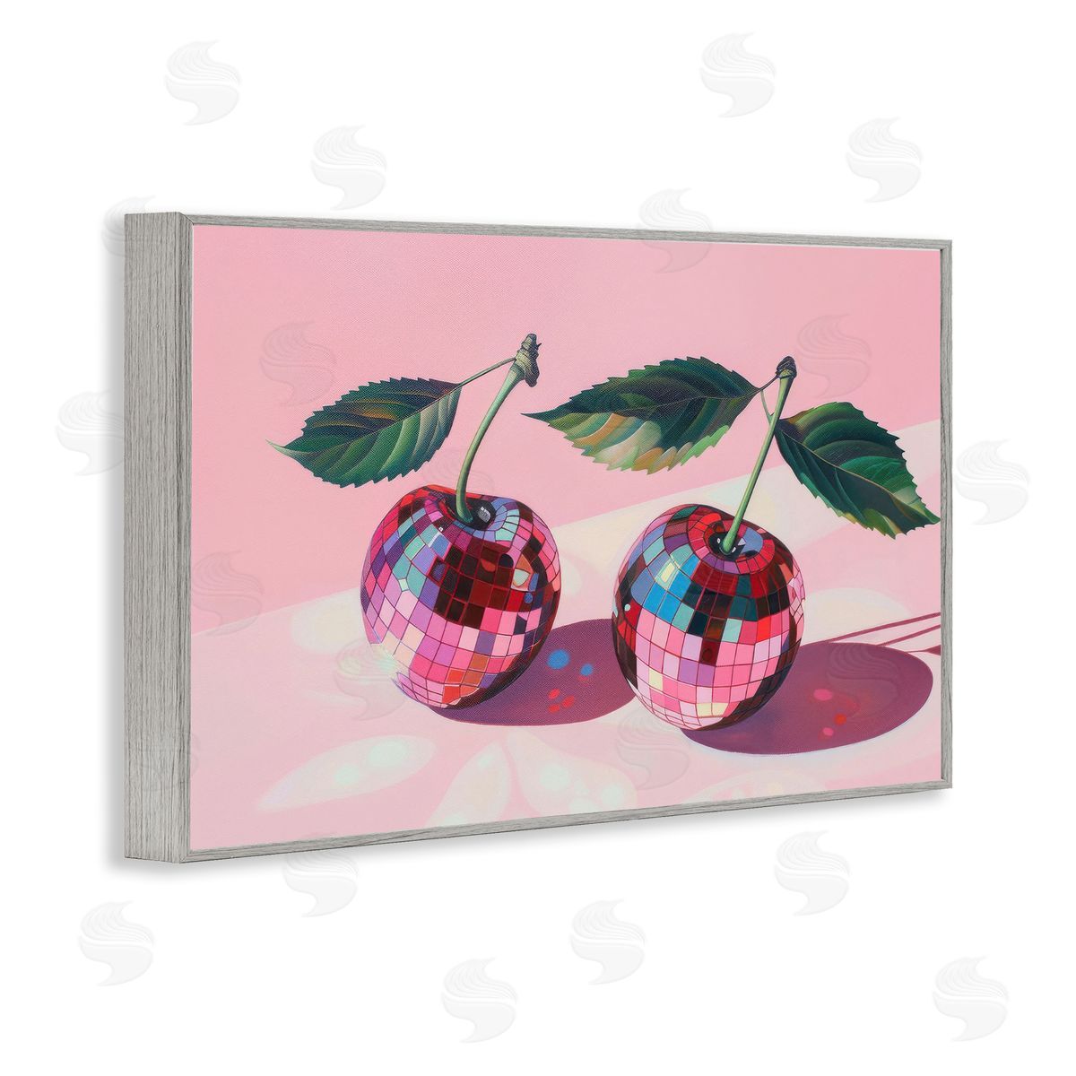 Disco Ball Cherry Pair Grey Frame Print Wall Art, Home Decor by LSR Creative Studio