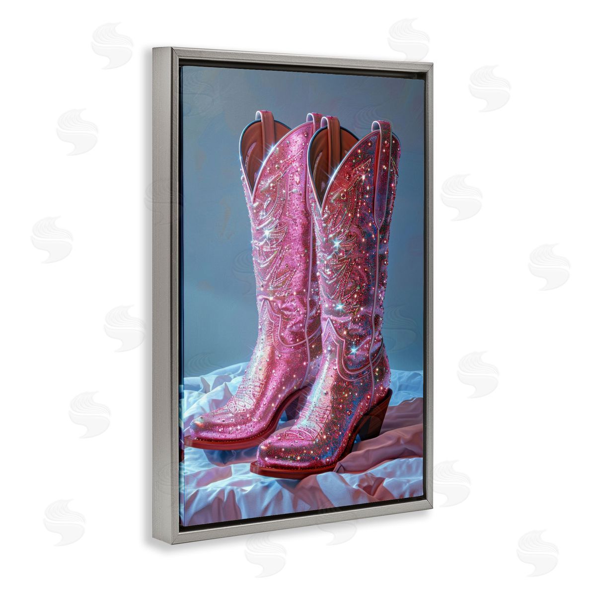 Dazzling Pink Glam Cowgirl Boots Grey Floating Frame Canvas Wall Art, Home Decor by LSR Creative Studio