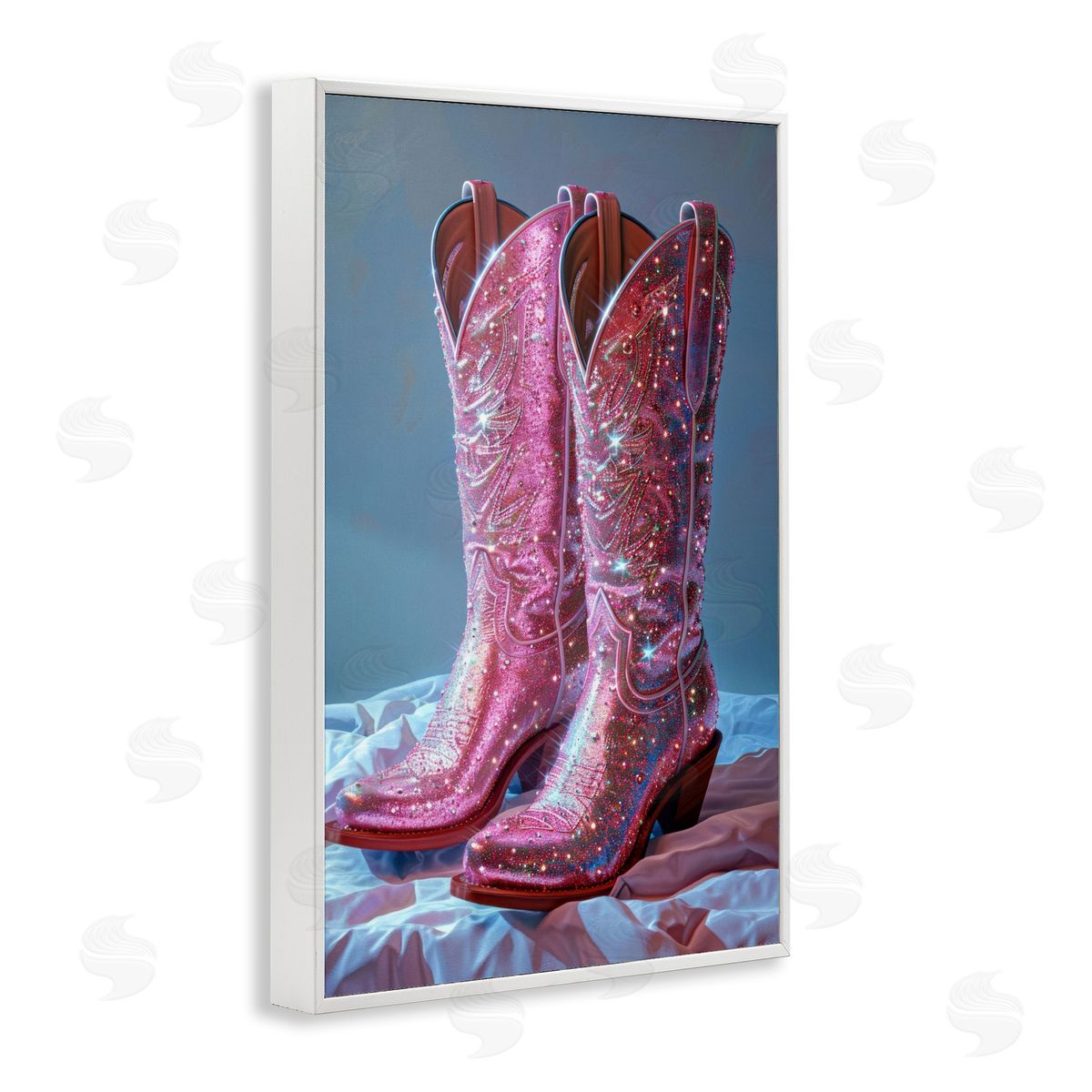Dazzling Pink Glam Cowgirl Boots White Frame Print Wall Art, Home Decor by LSR Creative Studio