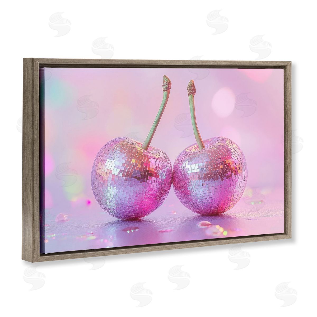 Pastel Shine Disco Cherries Brown Floating Frame Canvas Wall Art, Home Decor by LSR Creative Studio