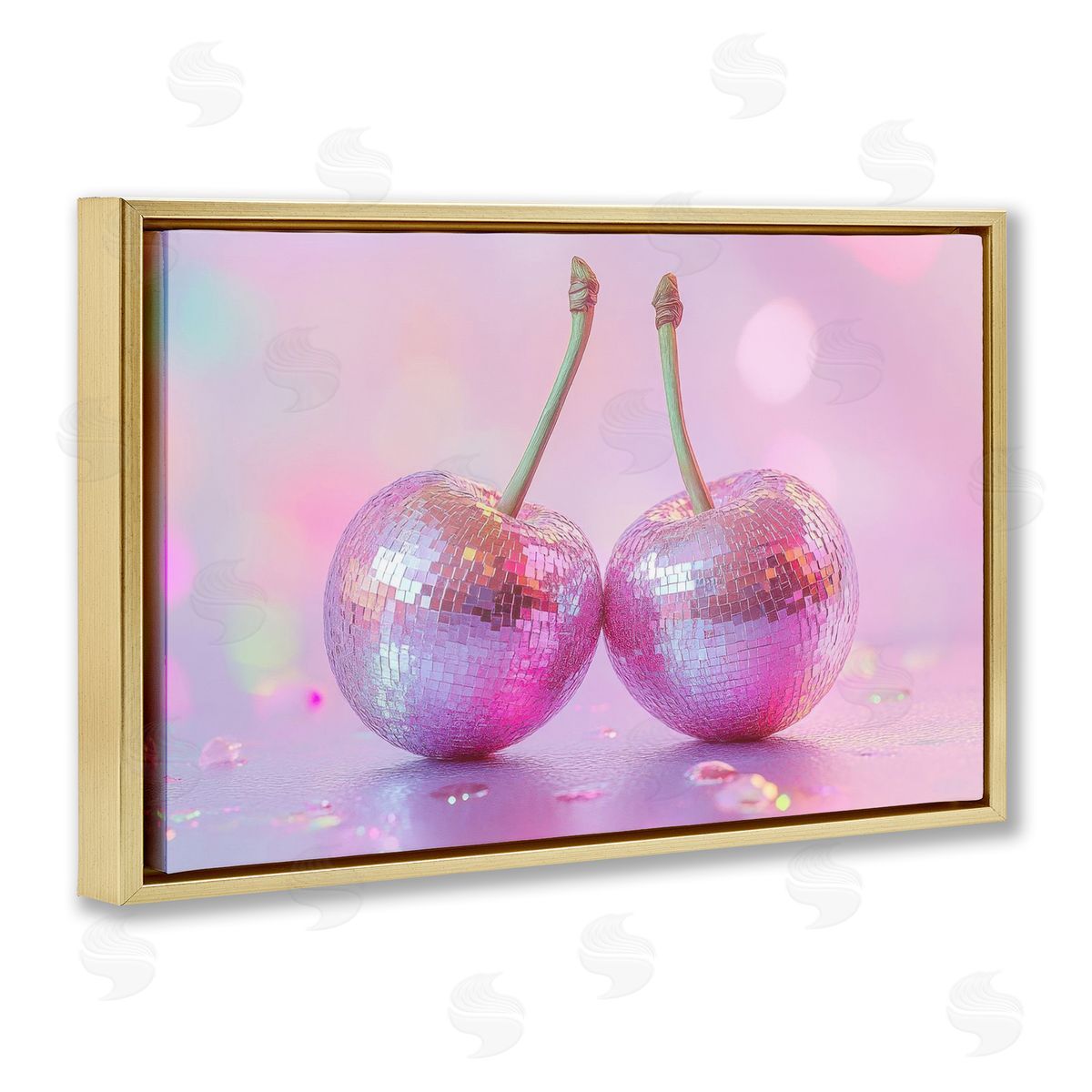 Pastel Shine Disco Cherries Gold Floating Frame Canvas Wall Art, Home Decor by LSR Creative Studio